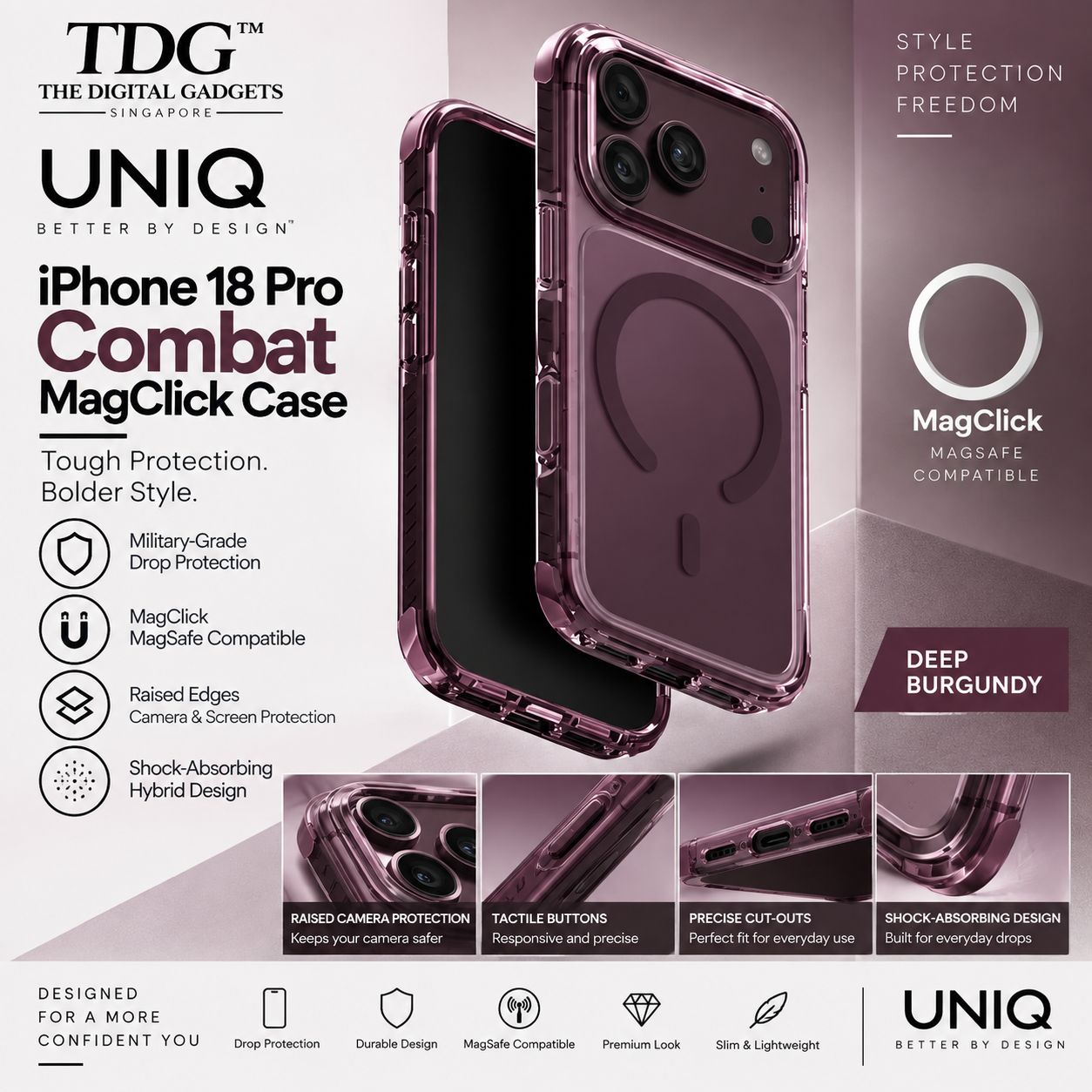 UNIQ iPhone 18 Pro Combat MagClick Case, Deep Burgundy -New!