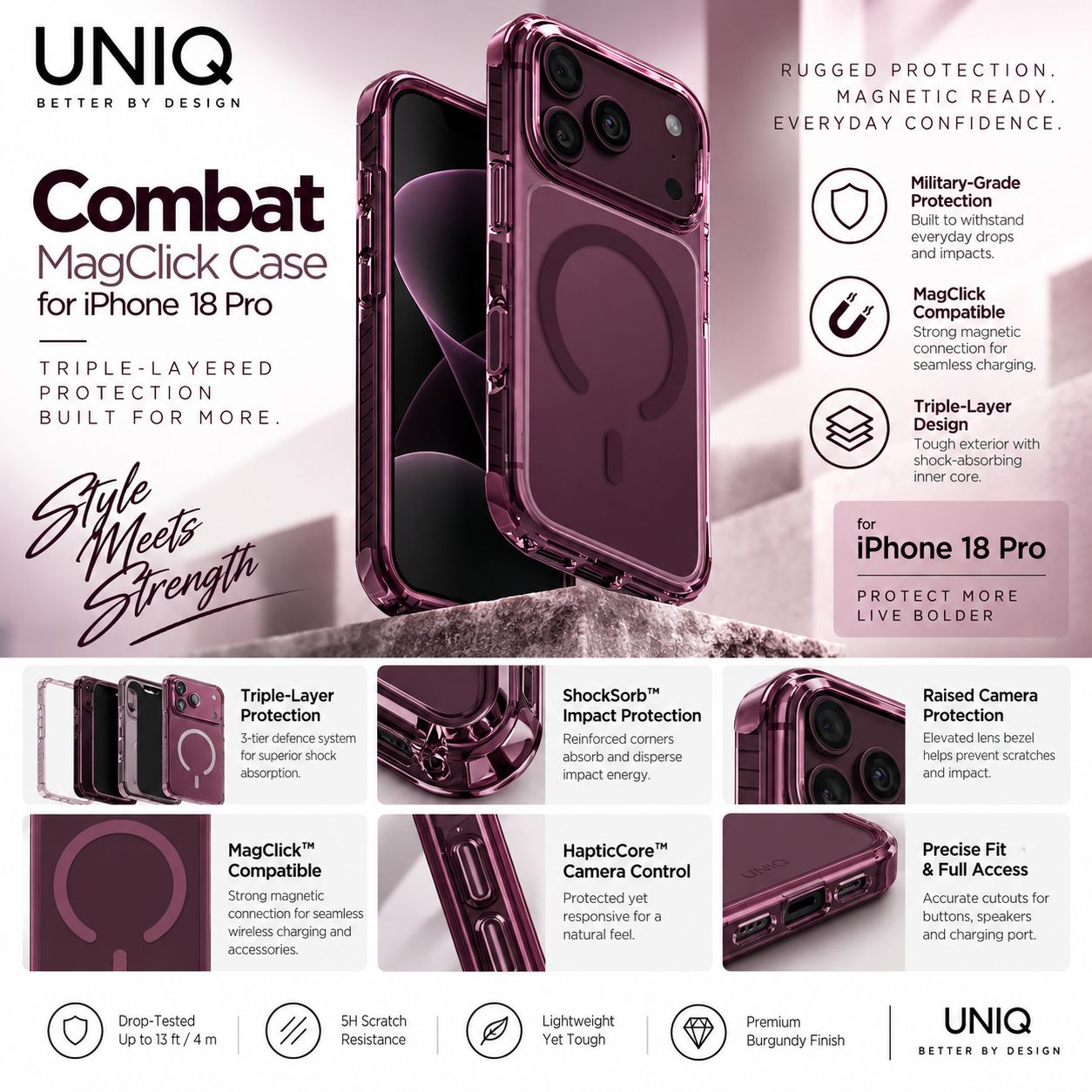 UNIQ iPhone 18 Pro Combat MagClick Case – Burgundy -New!