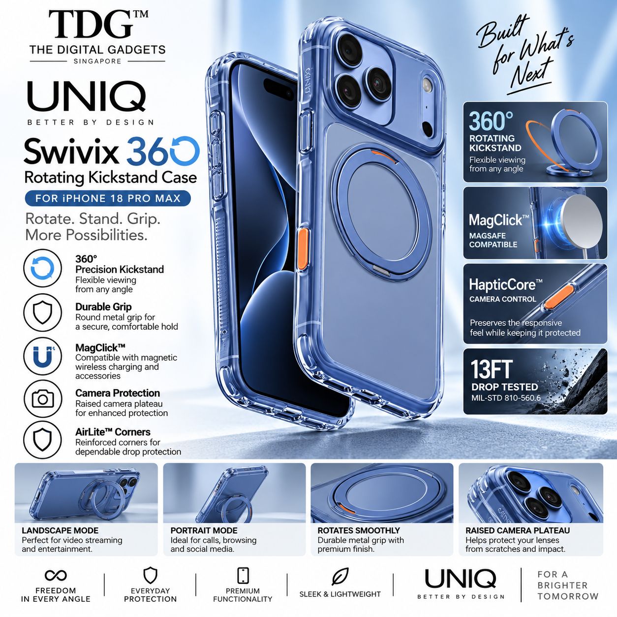 UNIQ iPhone 18 Pro Max Swivix 360 Rotating Kickstand Case, Polar Blue -New!