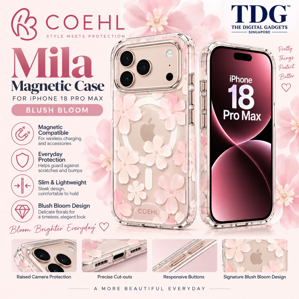 Coehl iPhone 18 Pro Max Mila Magnetic Case, Blush Bloom -New!