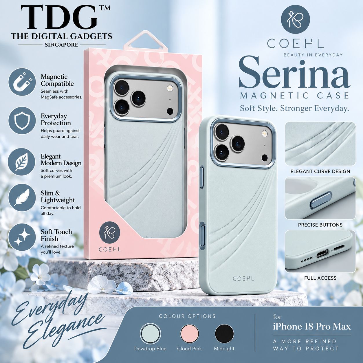 COEHL iPhone 18 Pro Max Serina Magnetic Case – Dewdrop Blue -New!