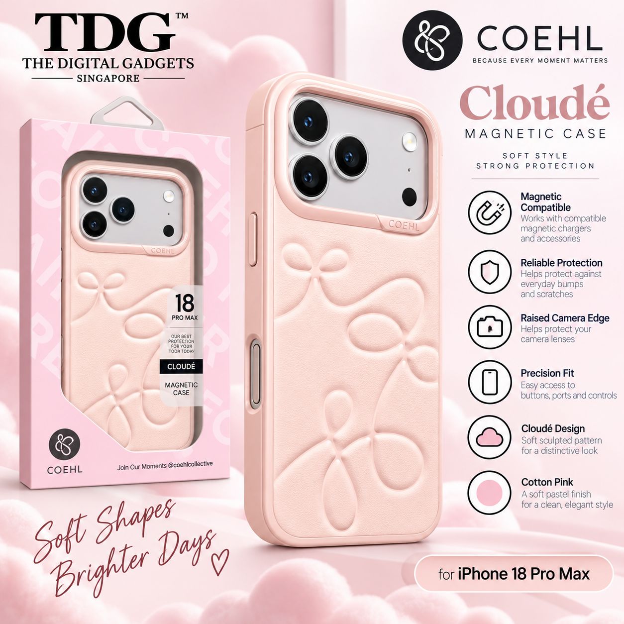 Coehl iPhone 18 Pro Max Cloud Magnetic Case, Cotton Pink -New!