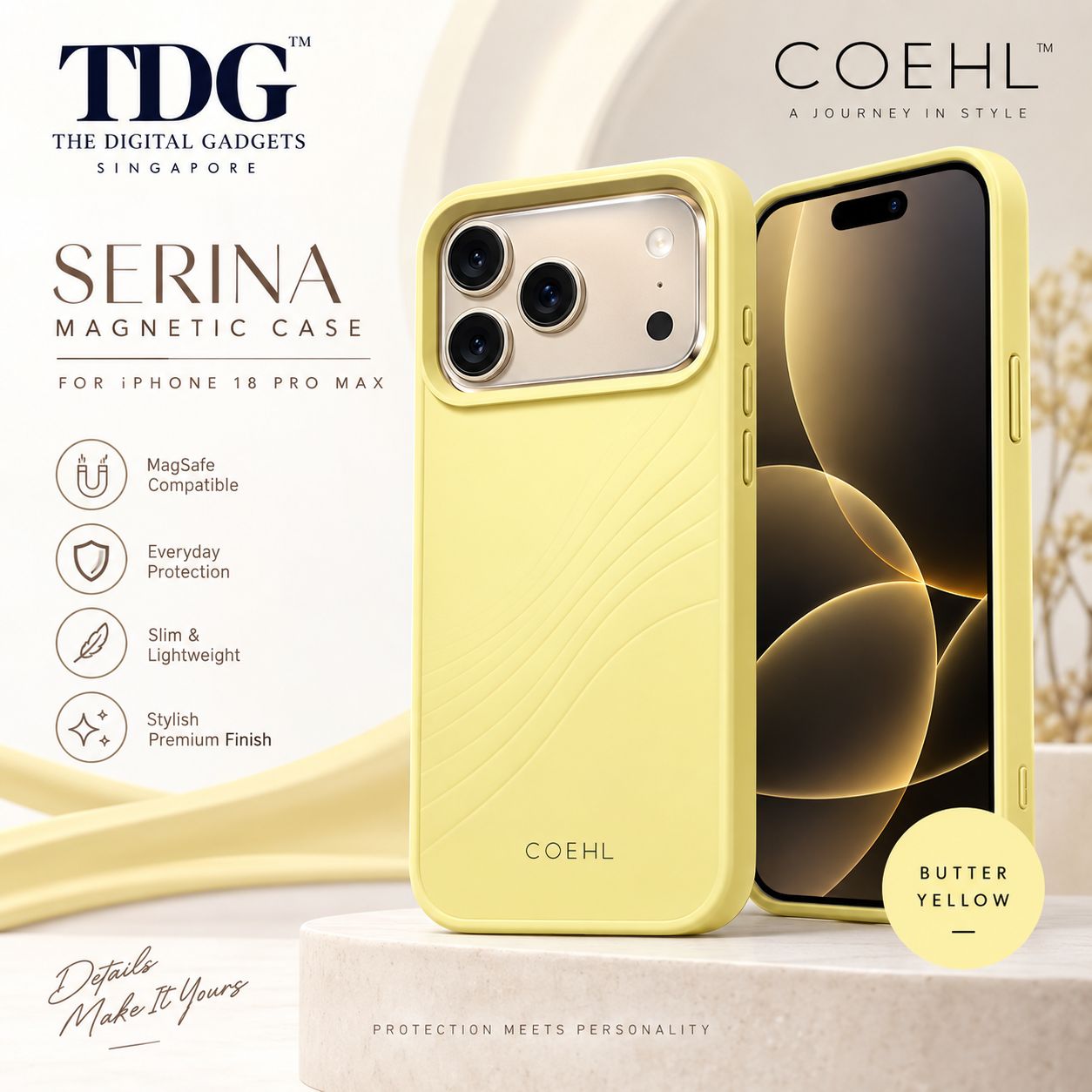 COEHL iPhone 18 Pro Max Serina Magnetic Case – Butter Yellow -New!