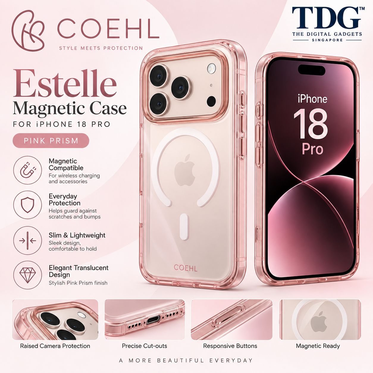 Coehl iPhone 18 Pro Estelle Magnetic Case, Pink Prism -New!