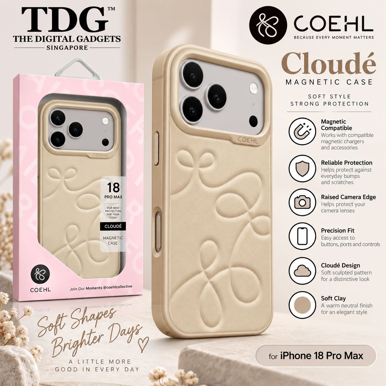 Coehl iPhone 18 Pro Max Cloud Magnetic Case, Soft Clay -New!