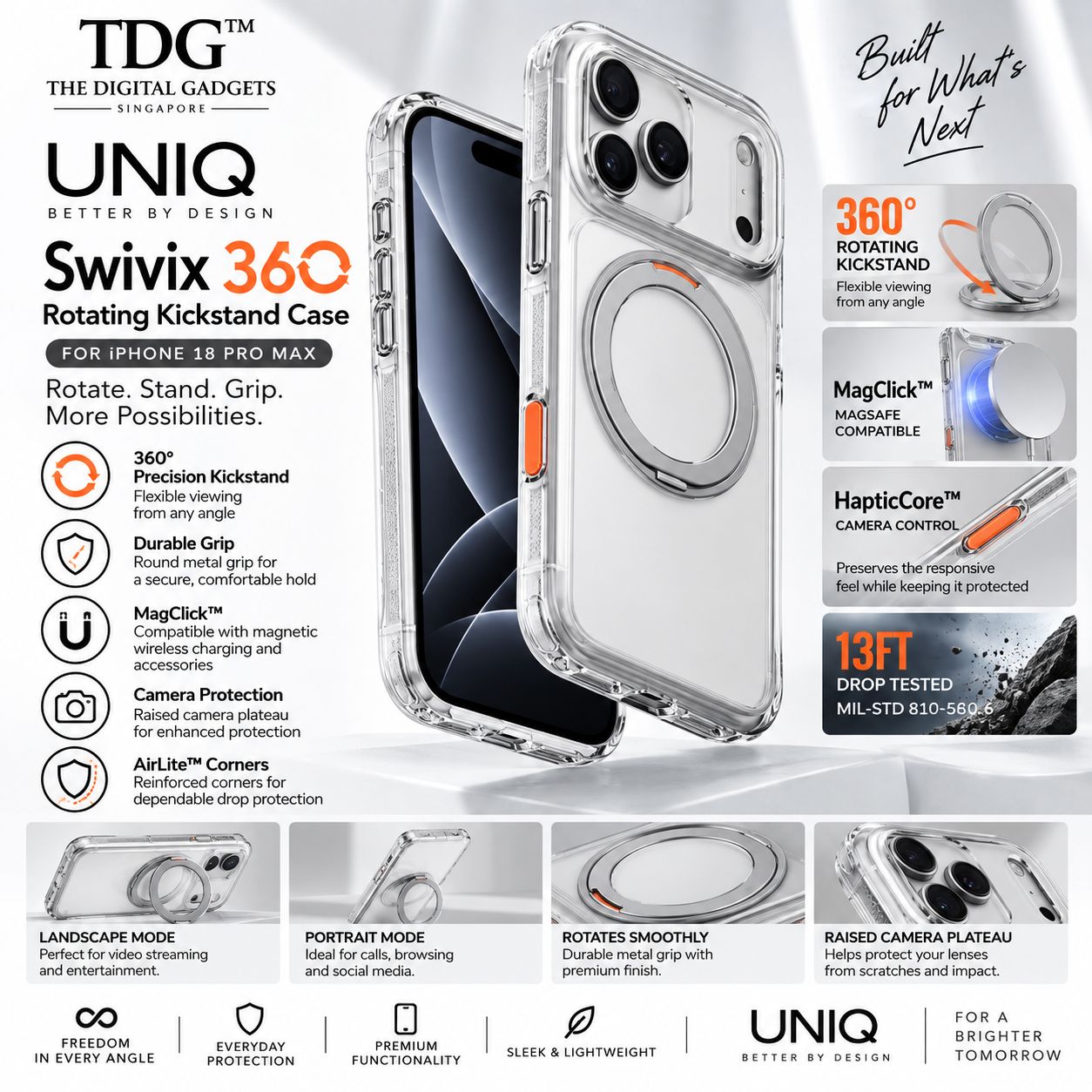 UNIQ iPhone 18 Pro Max Swivix 360 Rotating Kickstand Case, Lucent Clear -New!