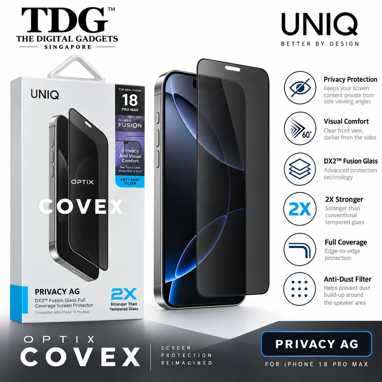 Uniq Optix iPhone 18 Pro Max Coverx Tempered Glass, Matte Privacy