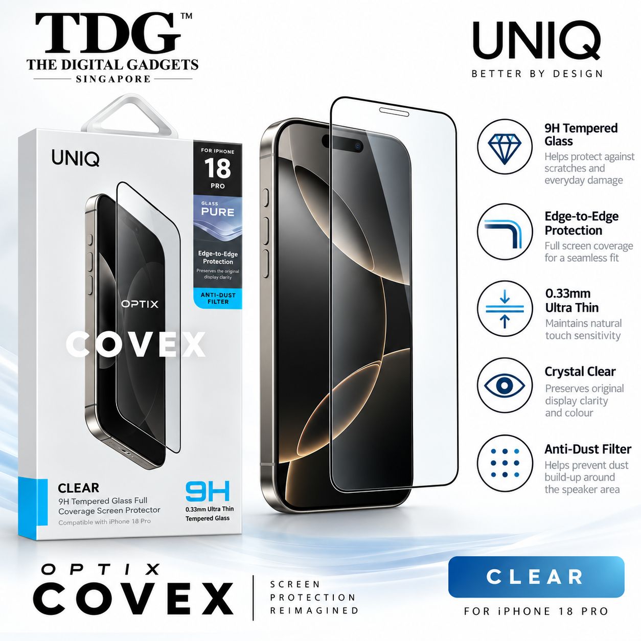 UNIQ Optix Covex iPhone 18 Pro Tempered Glass, Clear