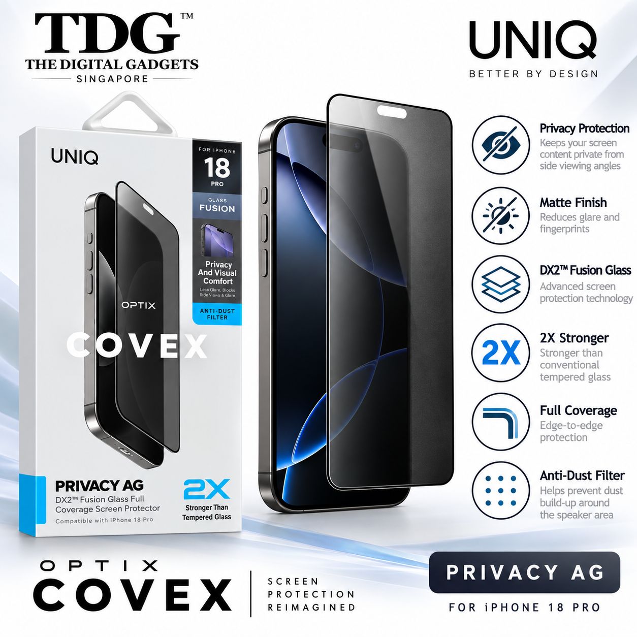 UNIQ Optix Covex iPhone 18 Pro Matte Privacy Screen Protector