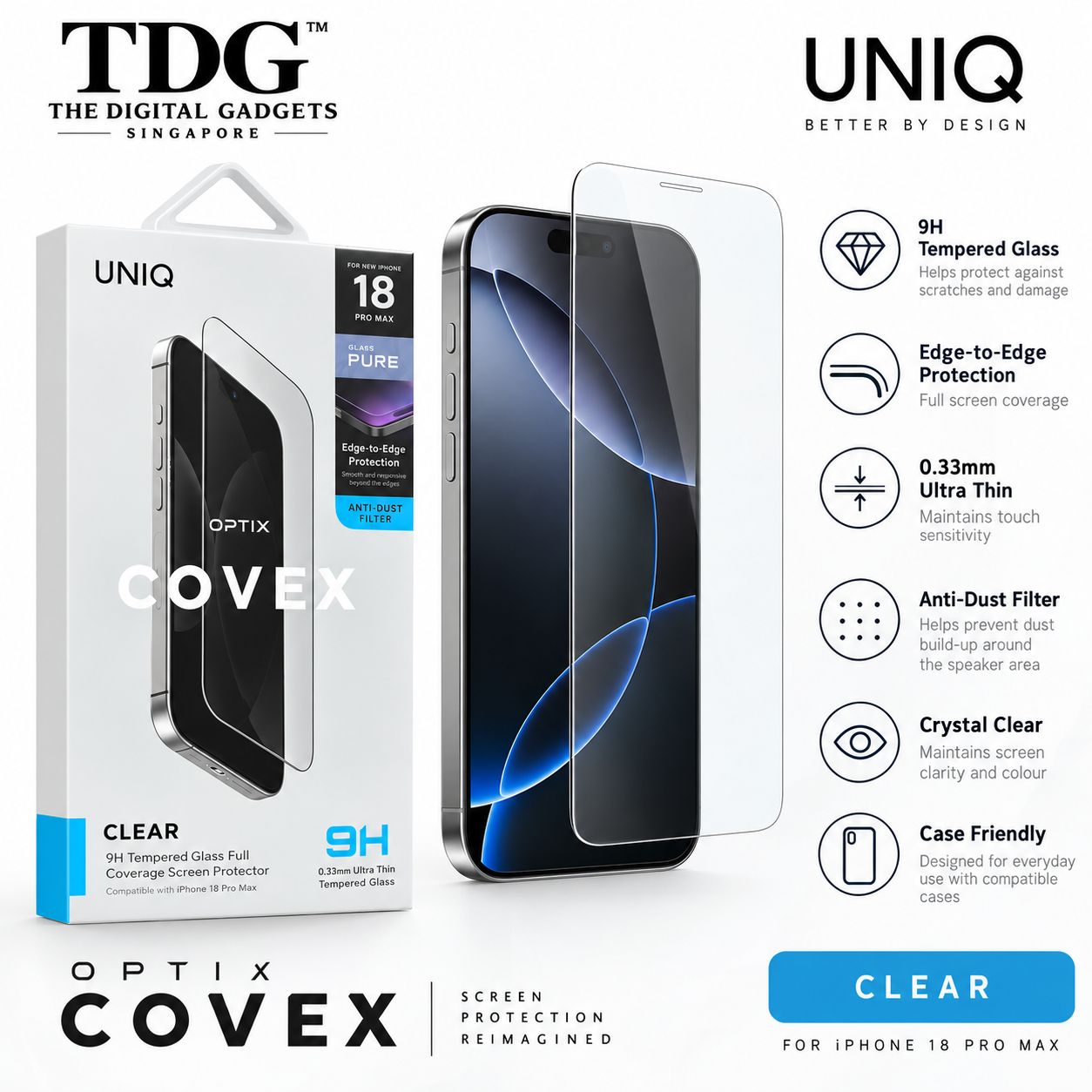 UNIQ Optix Covex Pure iPhone 18 Pro Max Tempered Glass