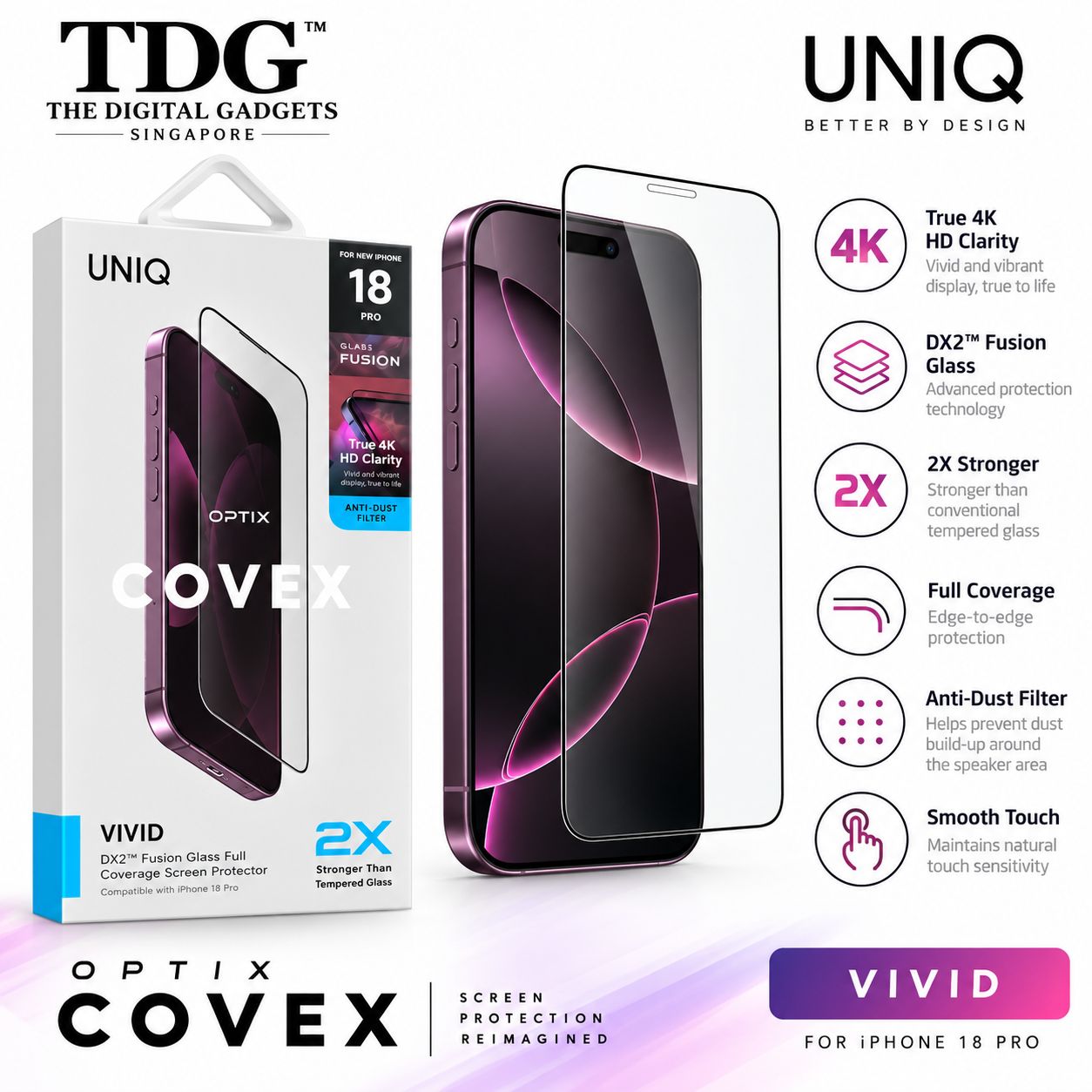 UNIQ Optix Covex Vivid iPhone 18 Pro Screen Protector