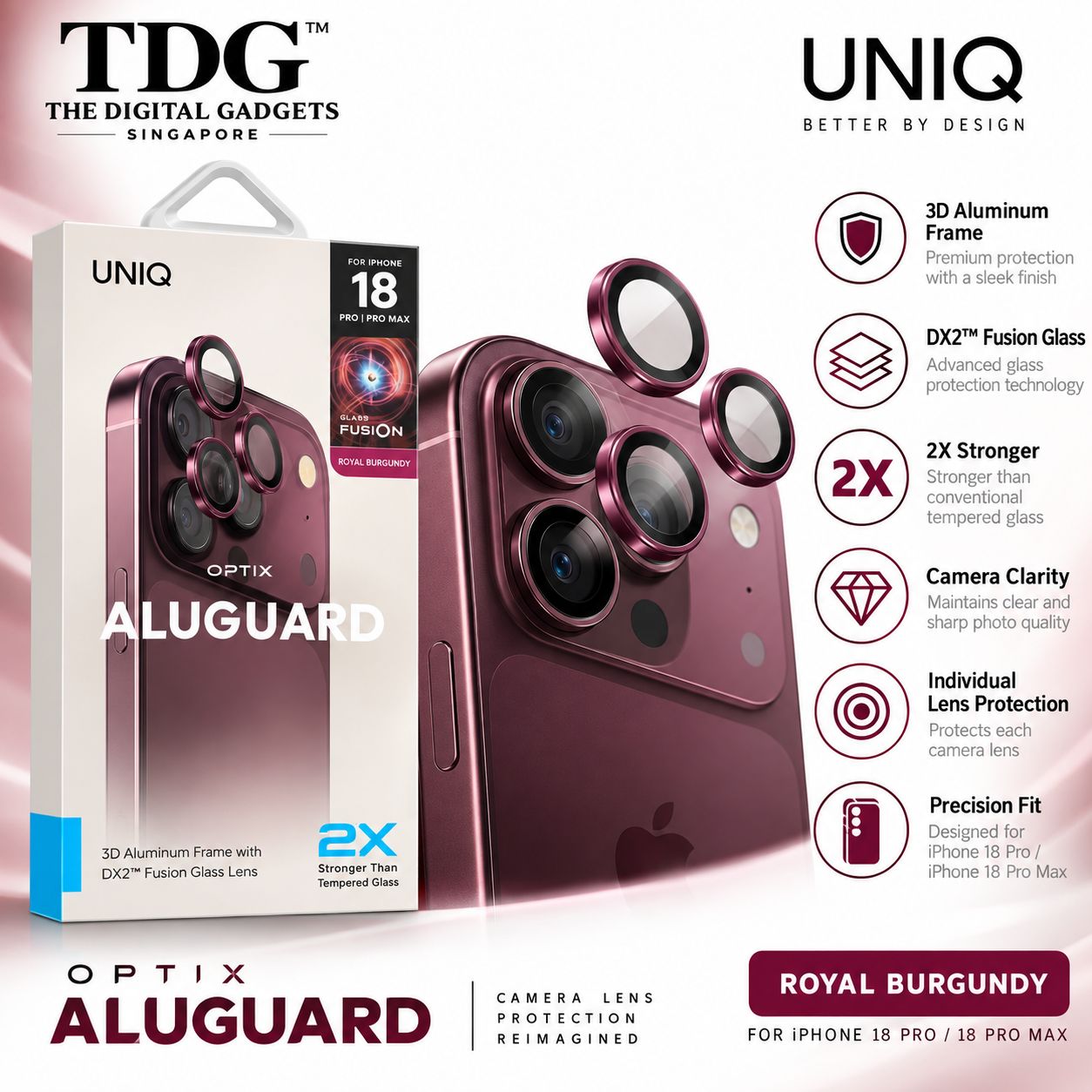 Uniq Optix iPhone 18 Pro Max / 18 Pro Aluguard Camera Lens, Royal Burgundy