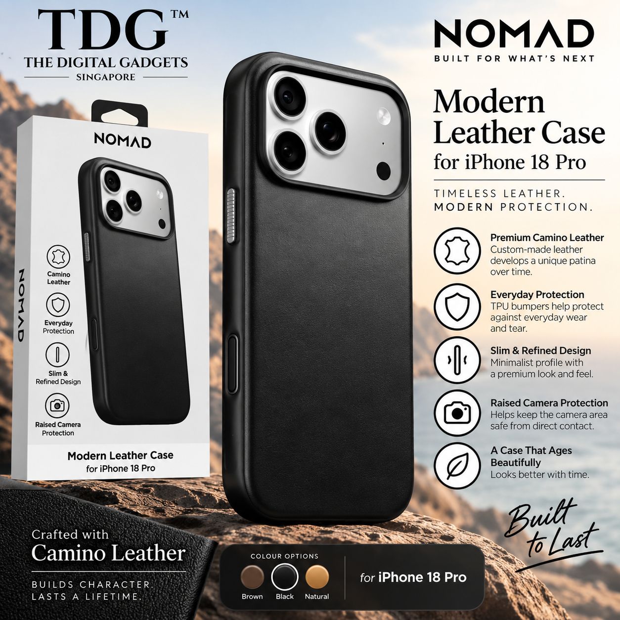 Nomad Modern Leather Case for iPhone 18 Pro - Black
