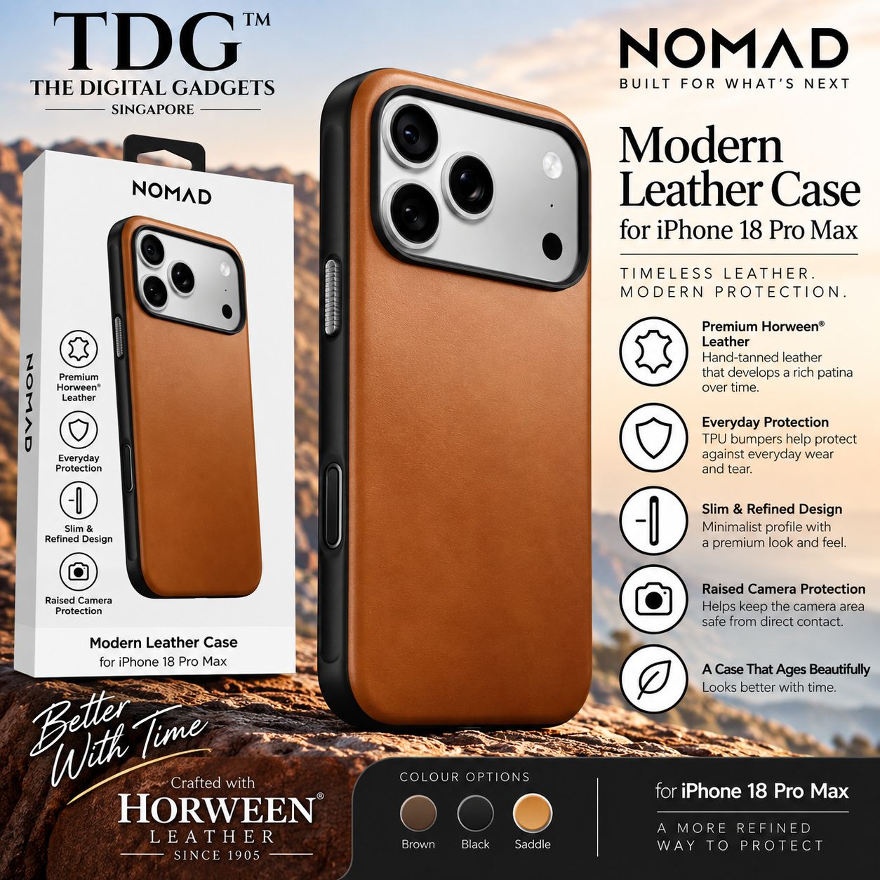 Nomad iPhone 18 Pro Max Modern Leather Case, Saddle