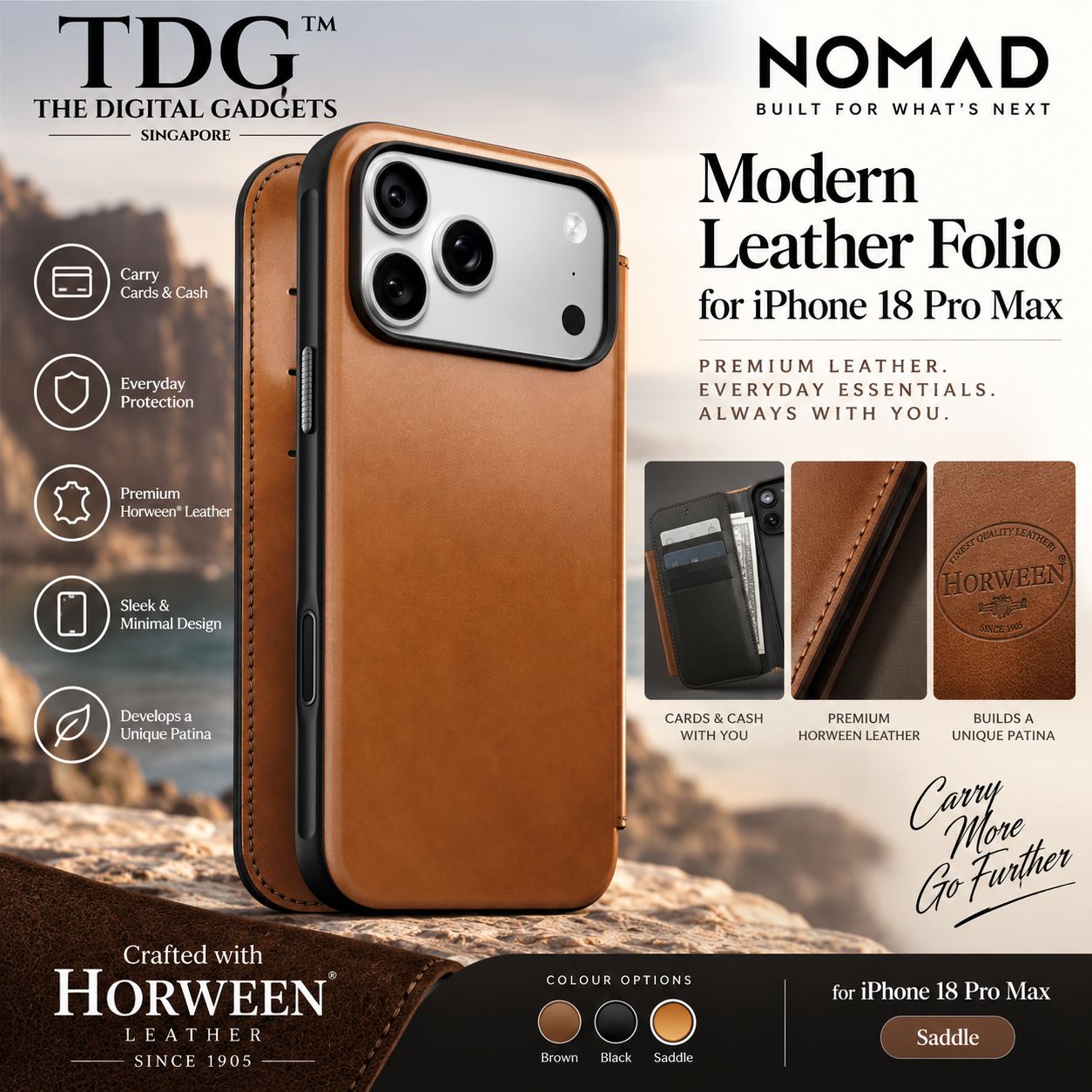Nomad Modern Leather Folio for iPhone 18 Pro Max - Saddle