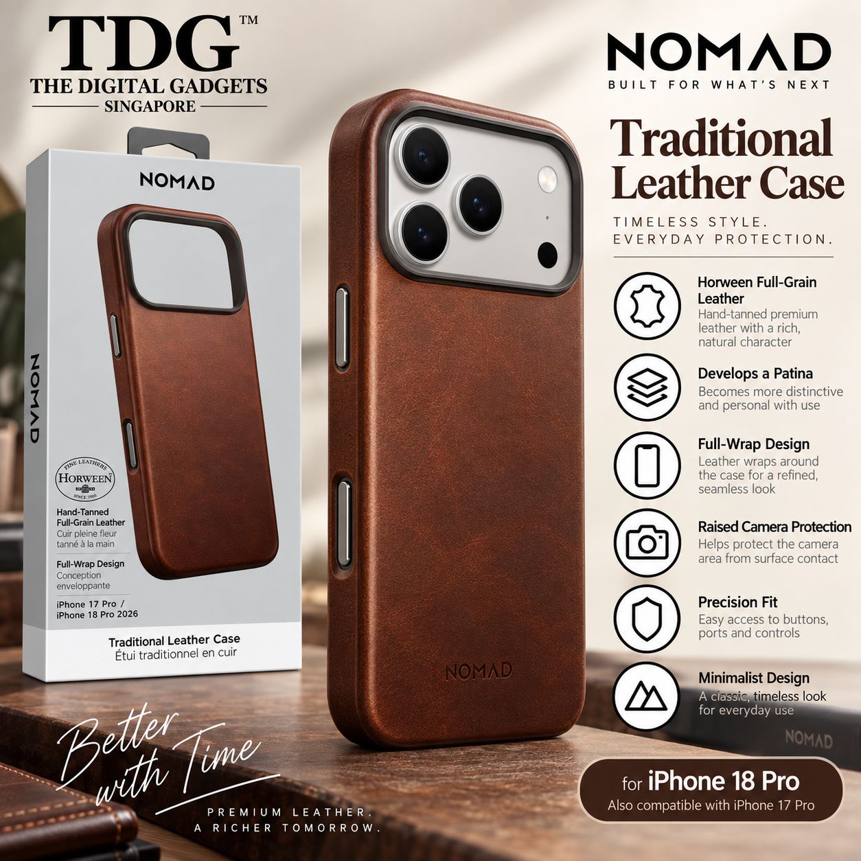 Nomad Horween Traditional Leather Case for iPhone 18 Pro, Rustic Brown