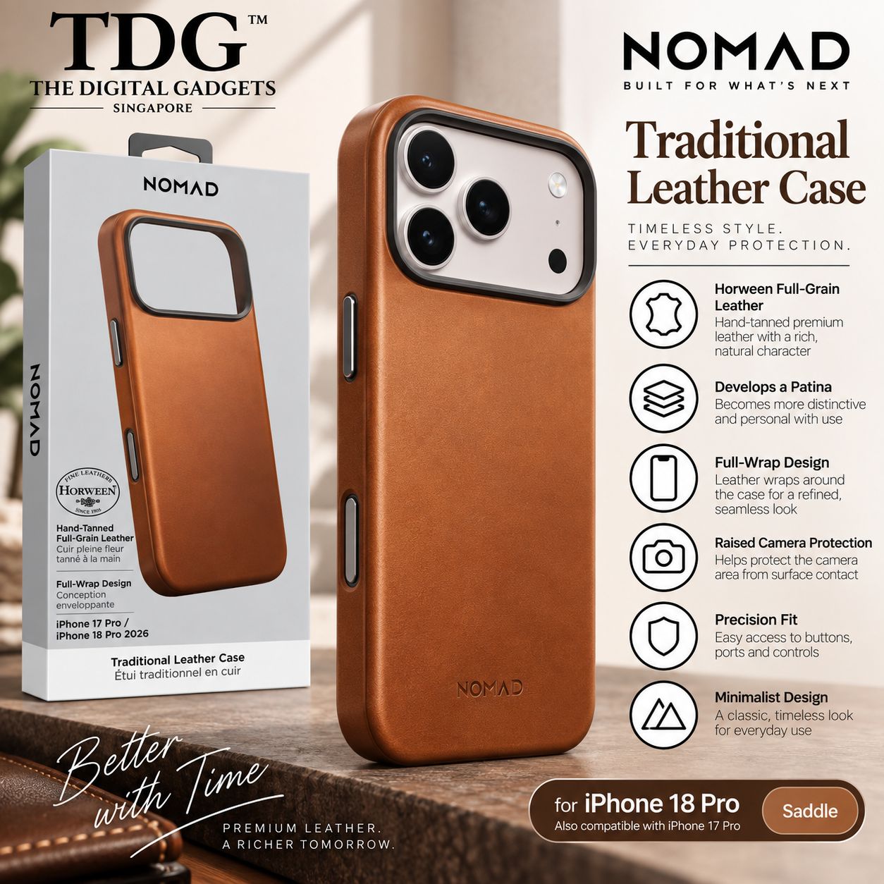 Nomad Horween Traditional Leather Case for iPhone 18 Pro - Saddle