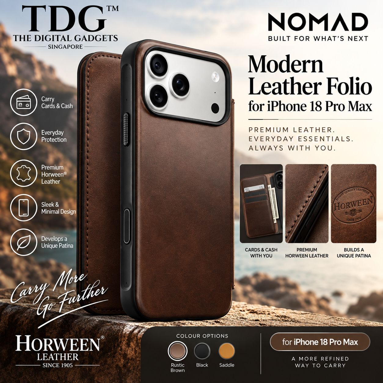 Nomad Modern Leather Folio for iPhone 18 Pro Max � Horween Leather, Rustic Brown