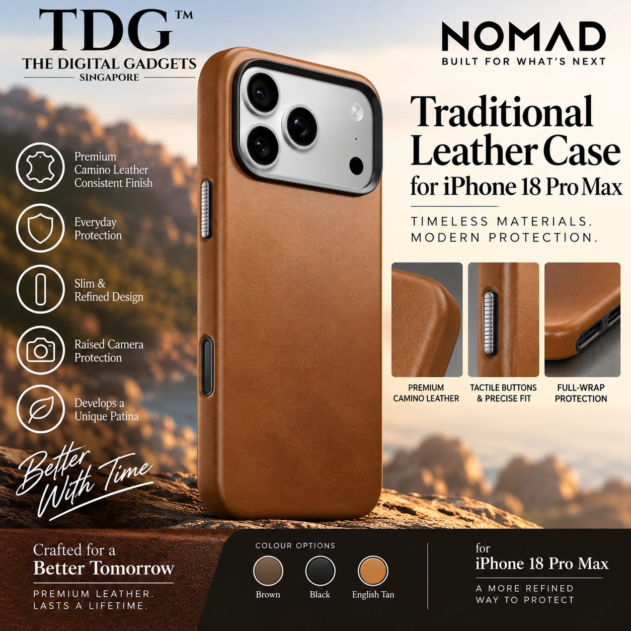 Nomad Horween Traditional Leather Case for iPhone 18 Pro Max - English Tan