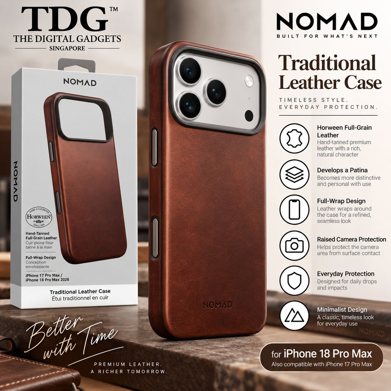 Nomad Horween Traditional Leather Case for iPhone 18 Pro Max - Rustic Brown