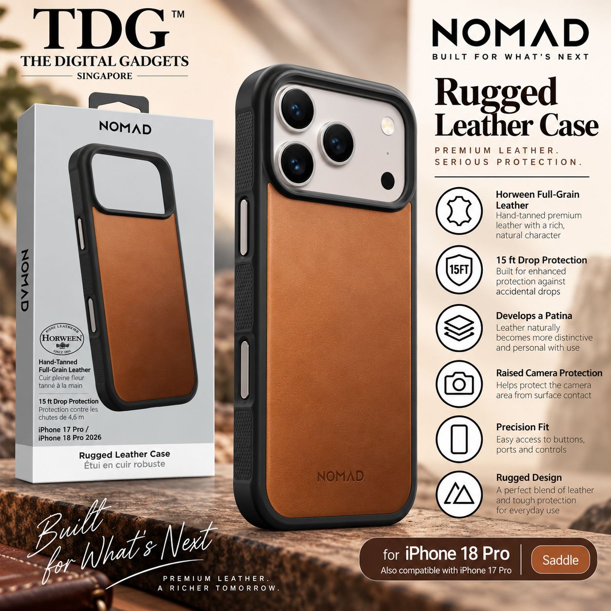 Nomad Horween Rugged Leather Case for iPhone 18 Pro, Saddle