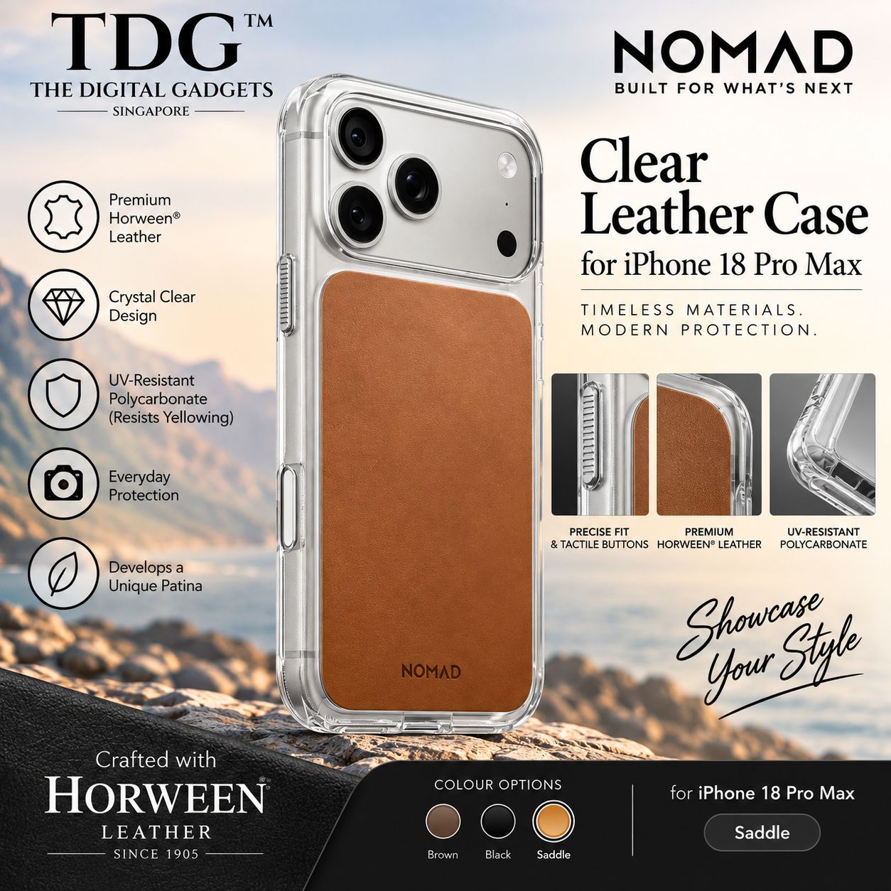Nomad iPhone 18 Pro Max Clear Leather Case, Saddle