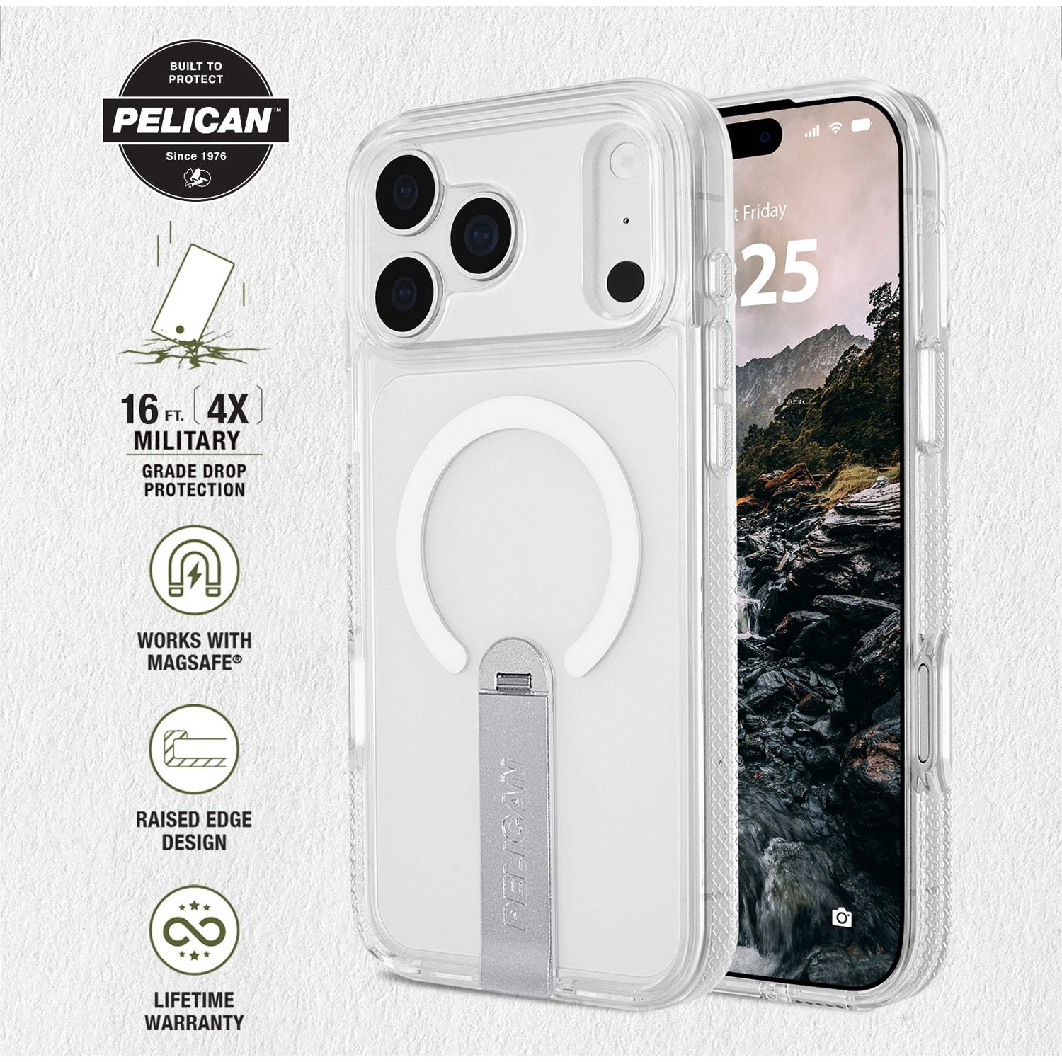 Pelican iPhone 18 / 17 Pro / Pro Max - Protector MagSafe Case with Metal Kickstand - Clear