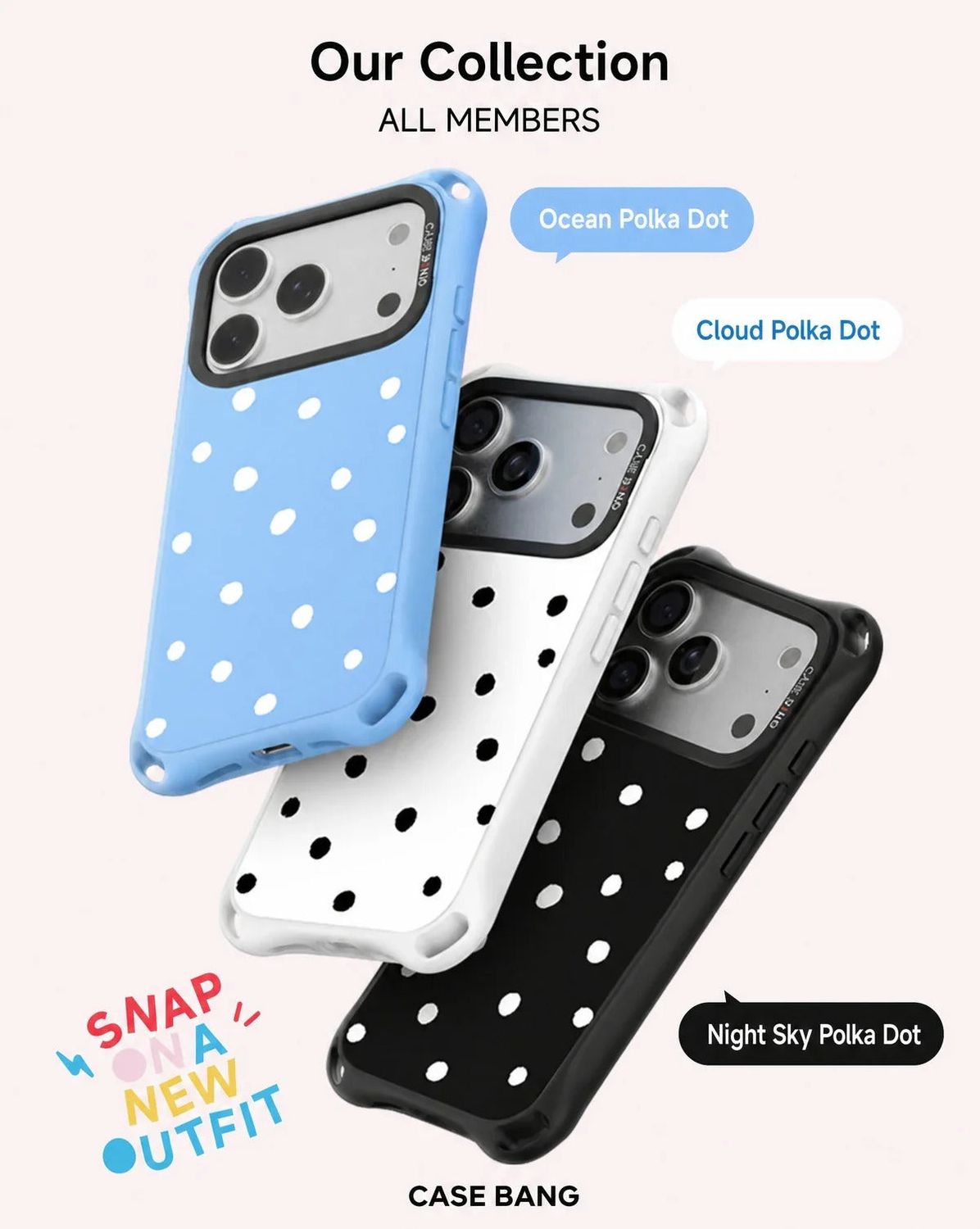 CASEBANG QuadGuard ImagiSnap Snap-On Base Case for iPhone 18 / 17 / 16 Series - Polka Dots | Base C…