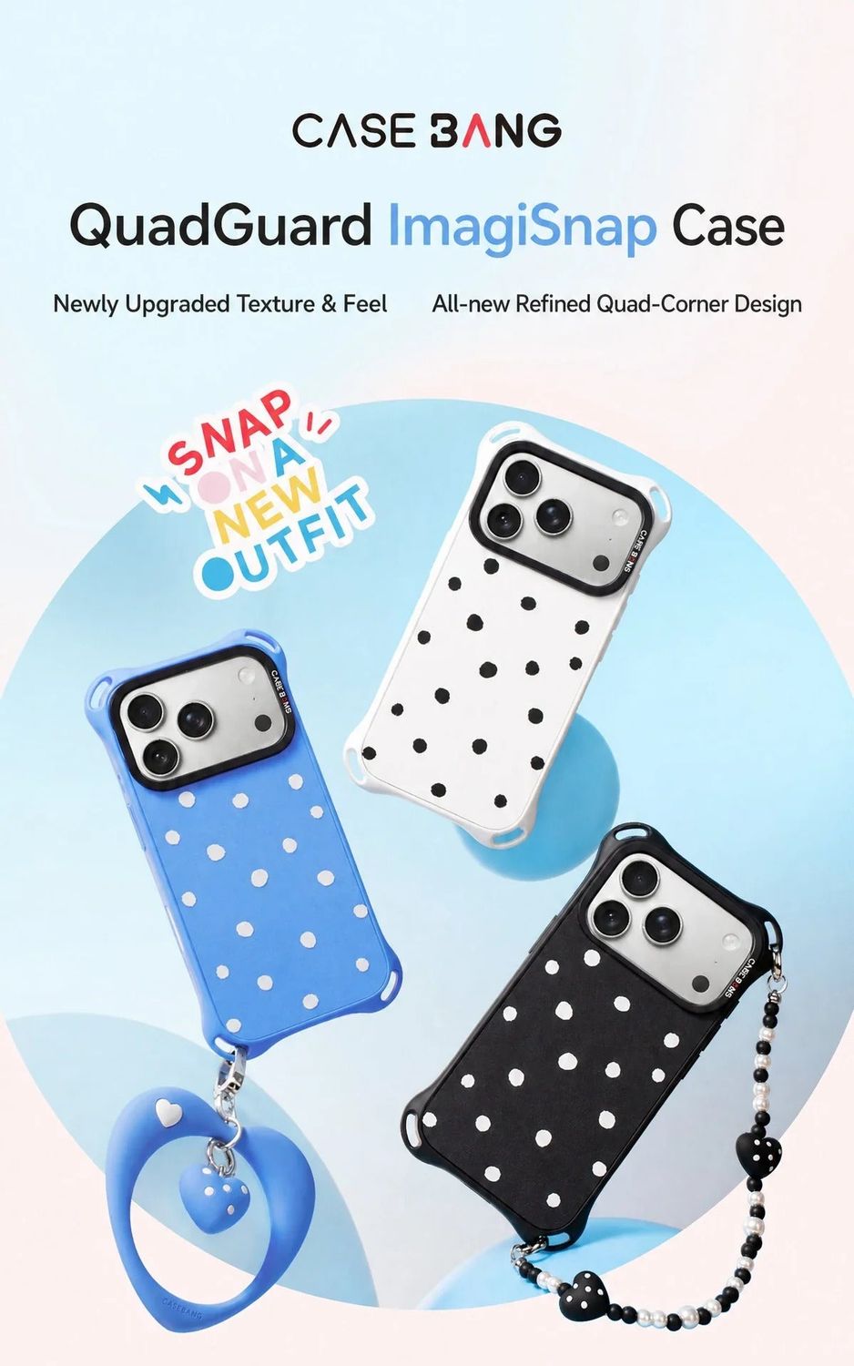 CASEBANG QuadGuard ImagiSnap Snap-On Base Case for iPhone 18 / 17 / 16 Series - Polka Dots | Base C…