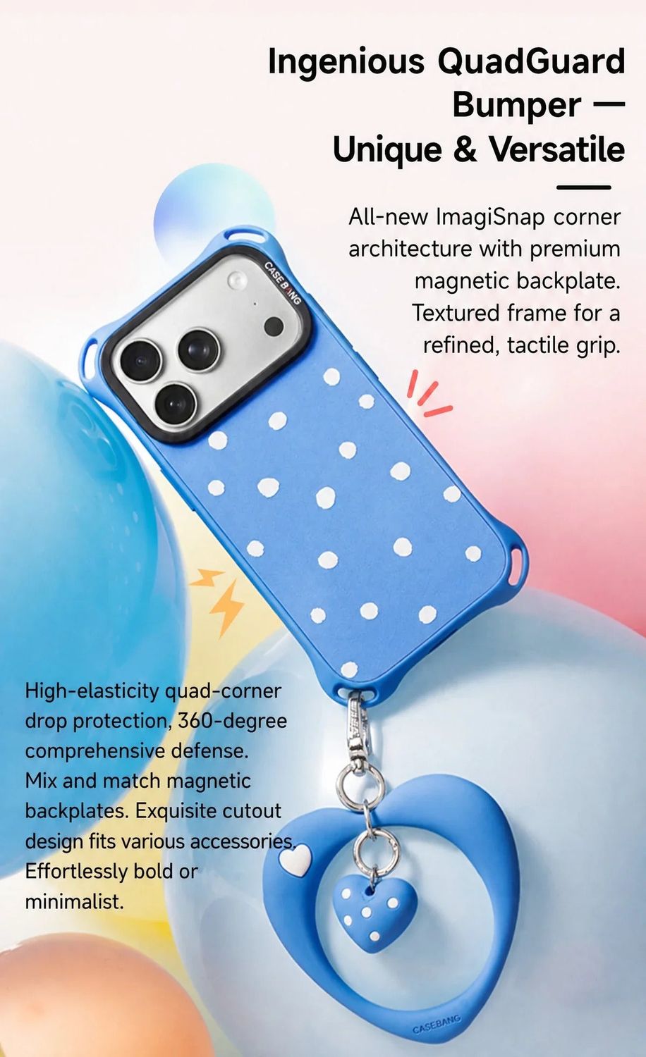 CASEBANG QuadGuard ImagiSnap Snap-On Base Case for iPhone 18 / 17 / 16 Series - Polka Dots | Base C…