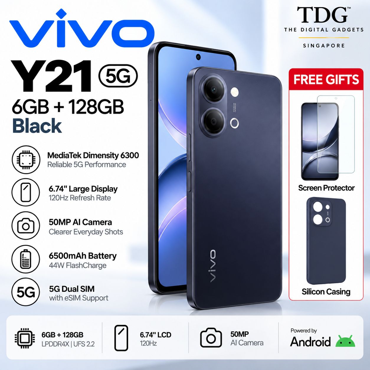 vivo Y21 5G 6GB+128GB, Colour: Black