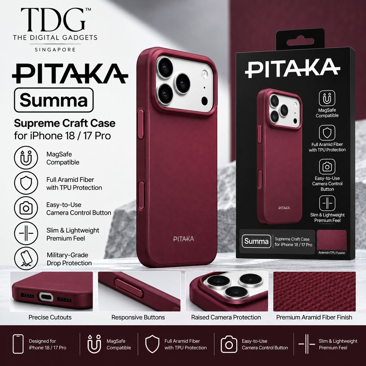 PITAKA Summa Case for iPhone 18 Pro, Color: Burgundy