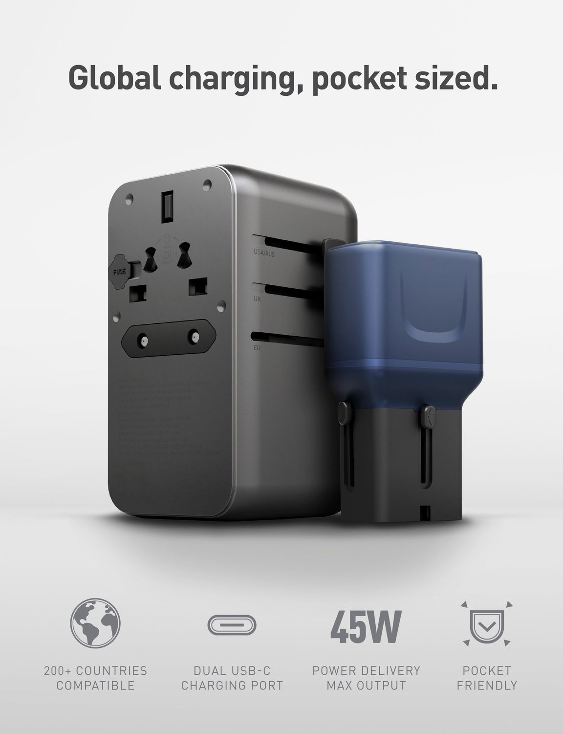 Energea TravelGo 45W Travel Adapter, Gunmetal