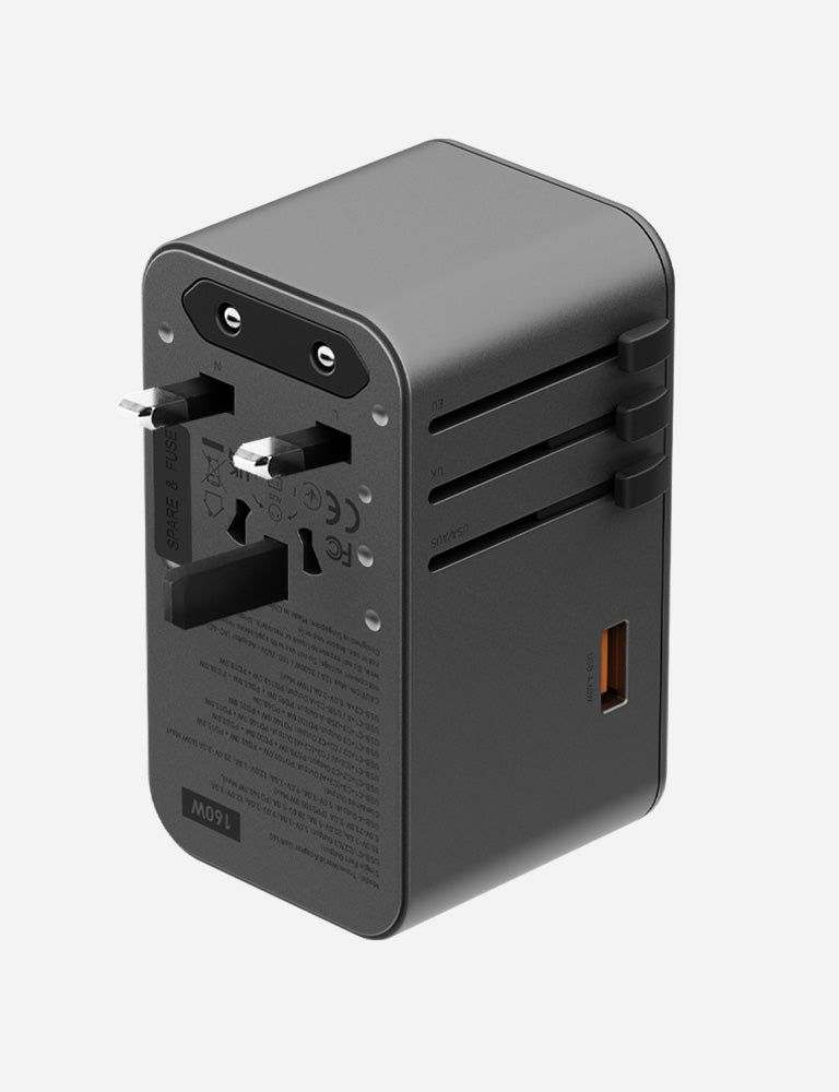 Energea TravelWorld GaN 160W 3C1A Travel Adapter, Gunmetal
