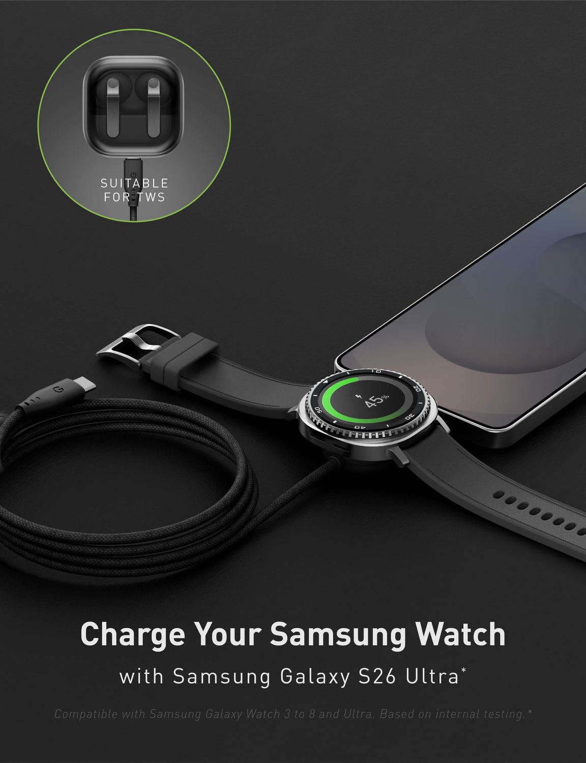 Energea Flow Duo Samsung Watch Cable, 1.5M Black