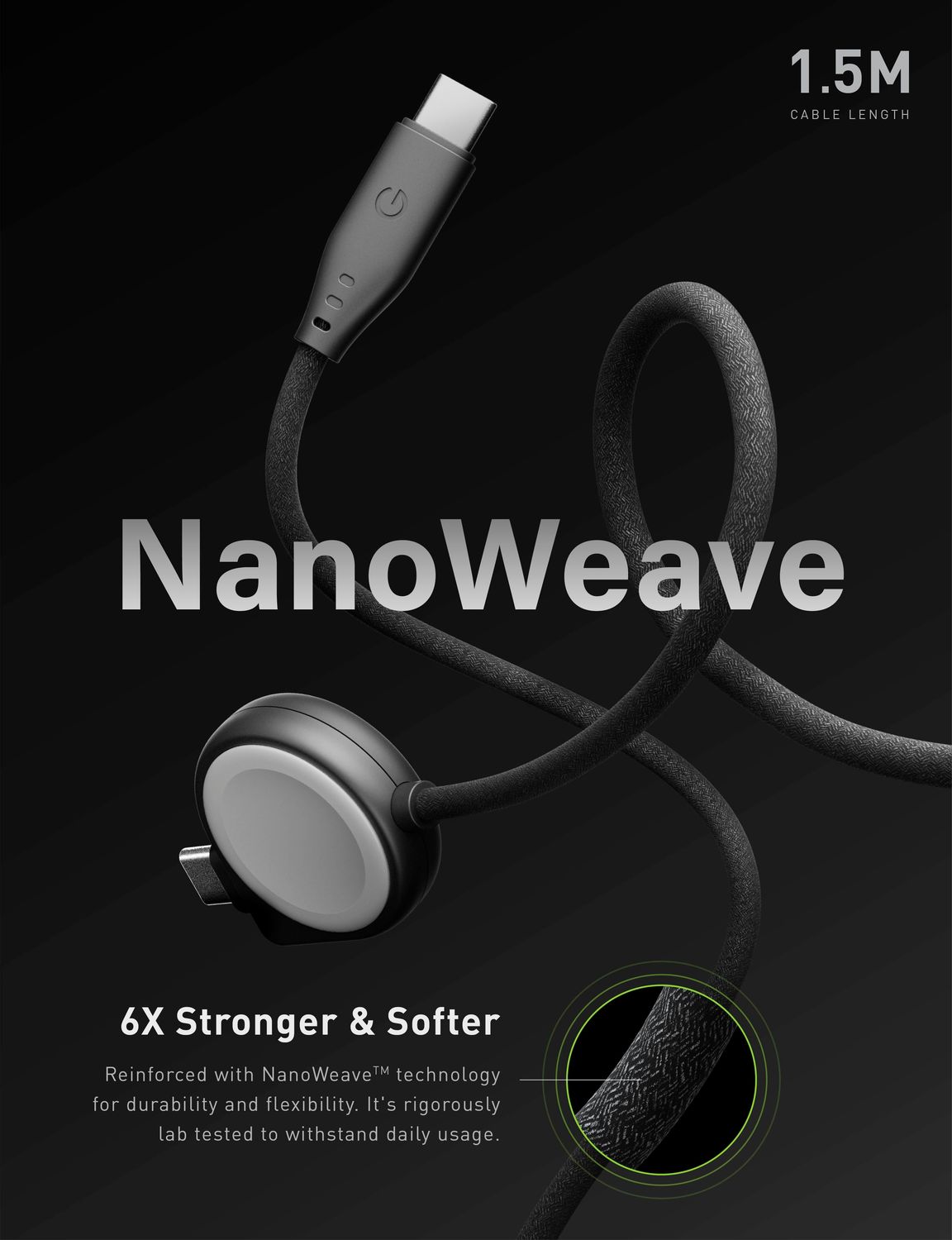 Energea Flow Duo Apple Watch Cable, 1.5M Black