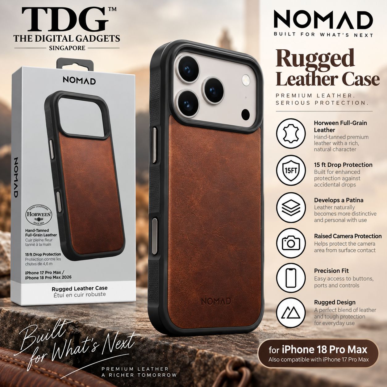 Nomad Horween Rugged Leather Case for iPhone 18 Pro Max, Rustic Brown - Nomad Phone Case Singapore