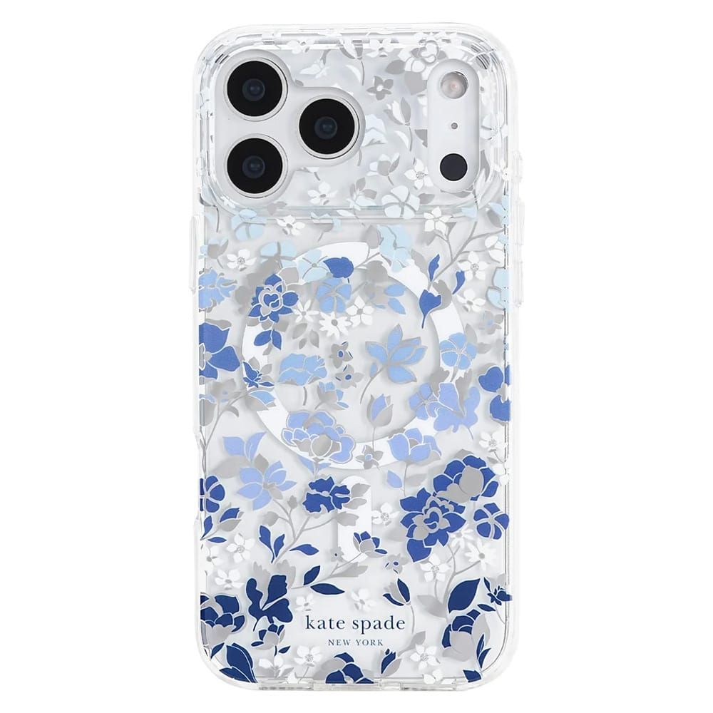 A clear phone case with a blue and white floral pattern, designed for an iPhone, featuring the 'kat…