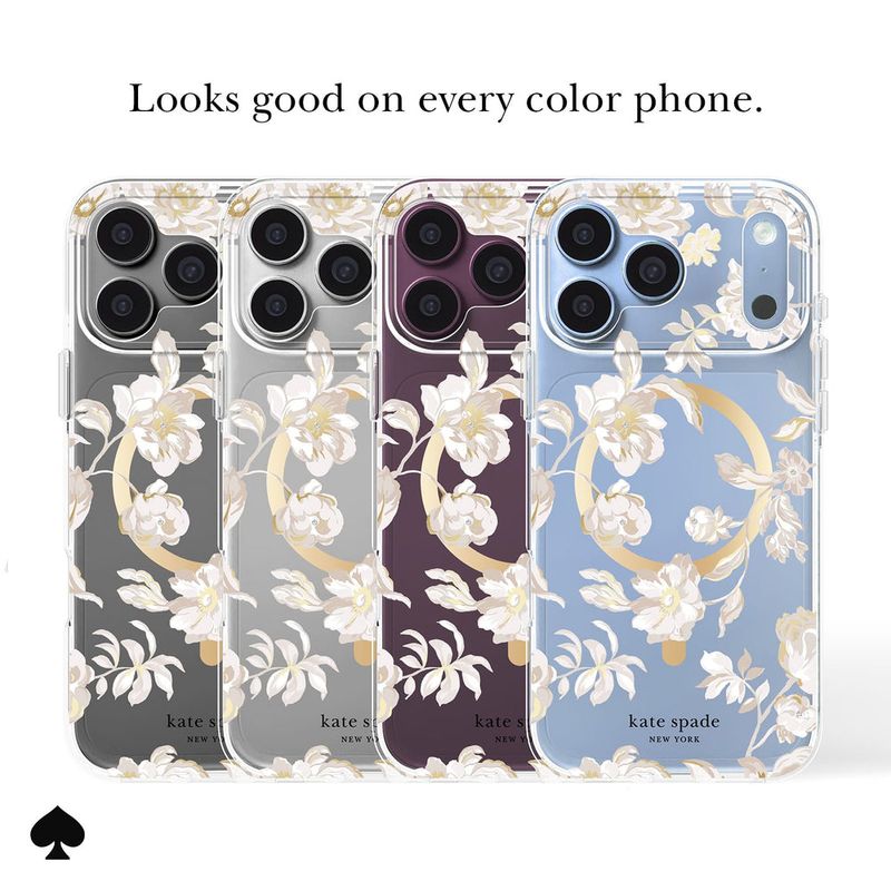 Four Kate Spade New York phone cases with a white floral and gold circular pattern, shown in gray, …