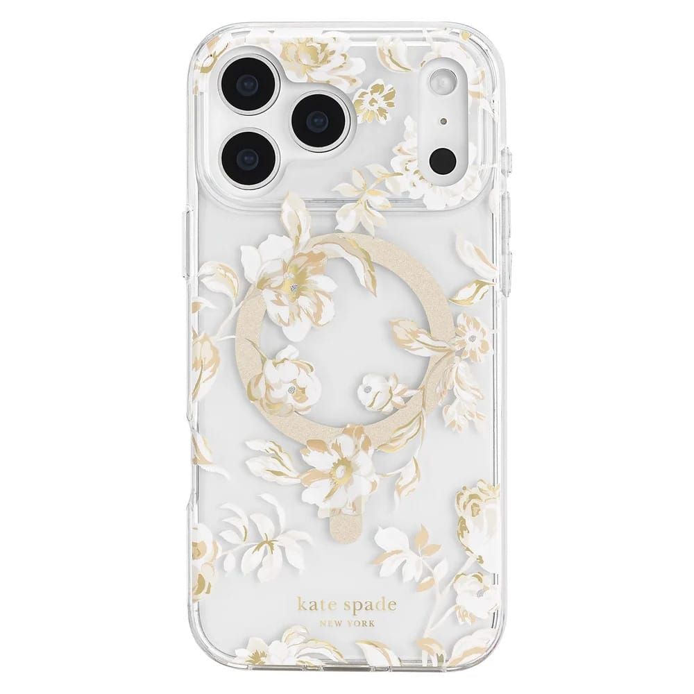 A clear phone case with a white and gold floral pattern and a gold MagSafe ring, shown on a white b…