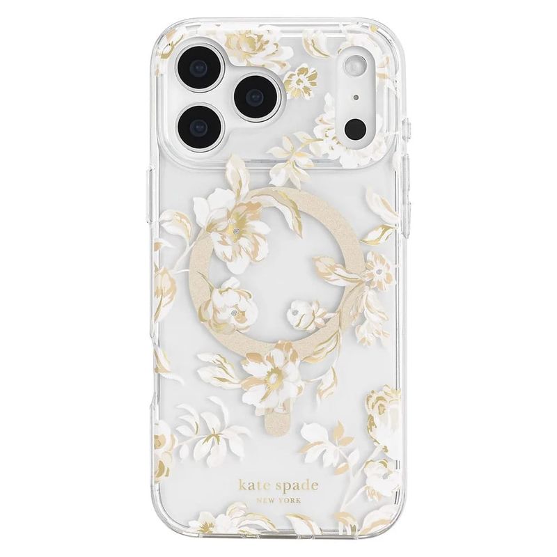 Kate Spade iPhone 18 /17 Pro Max Case A clear phone case with a white and gold floral pattern and a gold MagSafe ring, shown on a white b…