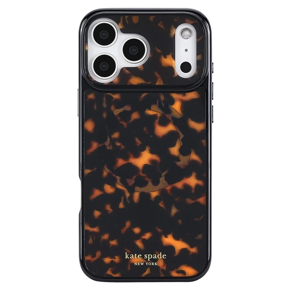 Kate Spade New York phone case featuring a black and orange tortoiseshell pattern, shown on a white…