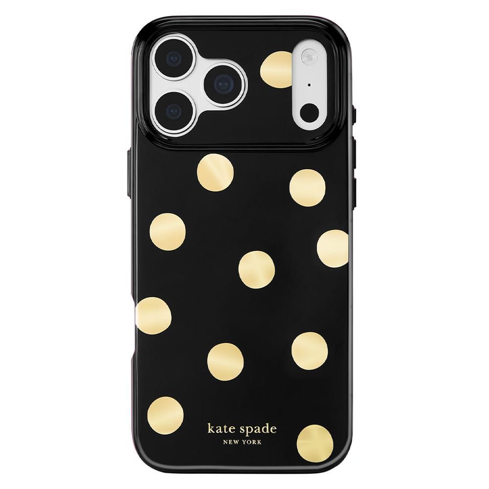 A black Kate Spade New York phone case with a pattern of metallic gold polka dots, shown on a plain…