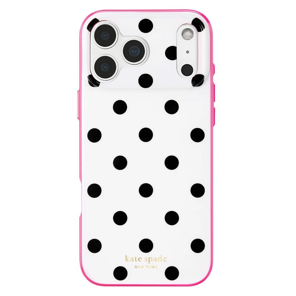 A white protective phone case with a black polka dot pattern and a bright pink bumper edge, featuri…