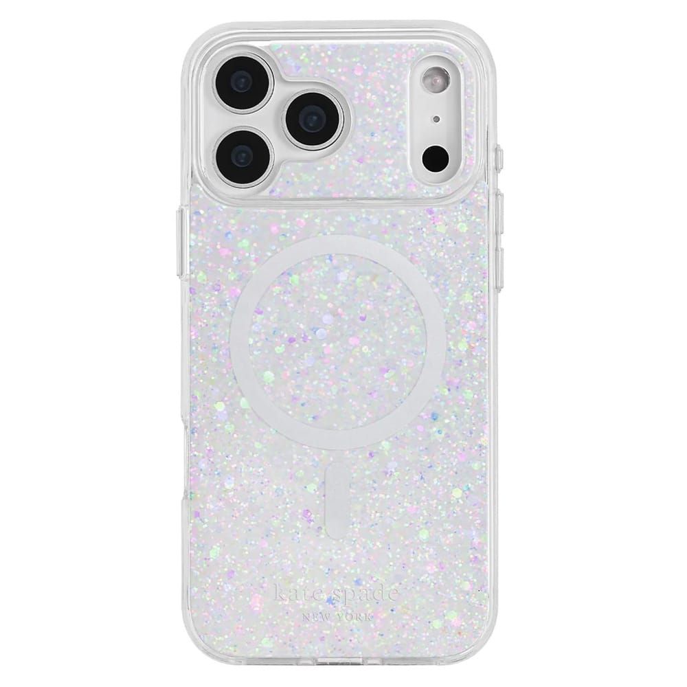 A clear protective phone case filled with iridescent holographic glitter, shown on a white phone ag…