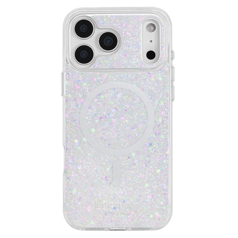 Kate Spade iPhone 18 /17 Pro Max Case A clear protective phone case filled with iridescent holographic glitter, shown on a white phone ag…