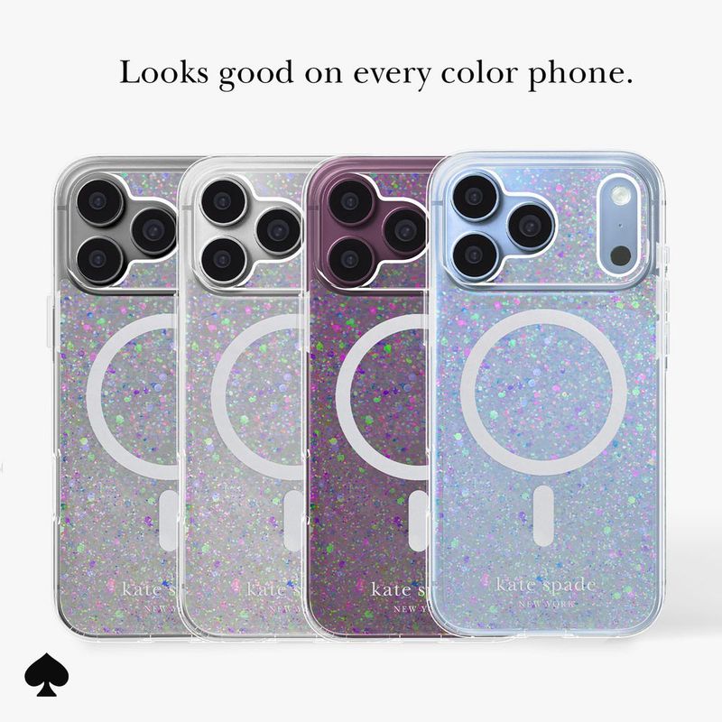Four glittery MagSafe-compatible phone cases shown from the back on a light gray background, with t…