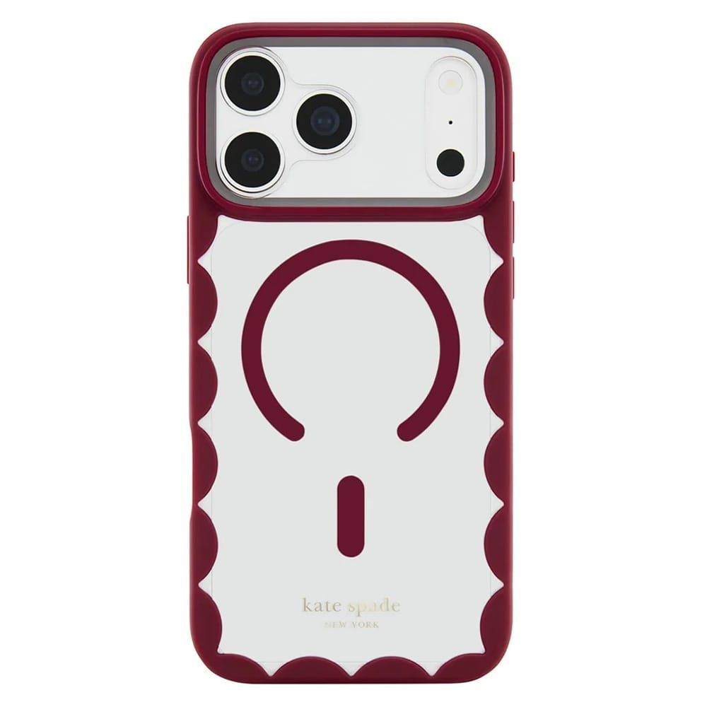 A Kate Spade New York MagSafe-compatible phone case with a deep burgundy scalloped border and a whi…