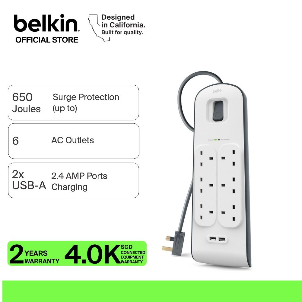 Belkin BSV604SA2M 6-Socket Surge Protector + 2 USB 2m