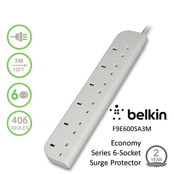 Belkin F9E600SA3M 6-Socket Surge Protector 3m